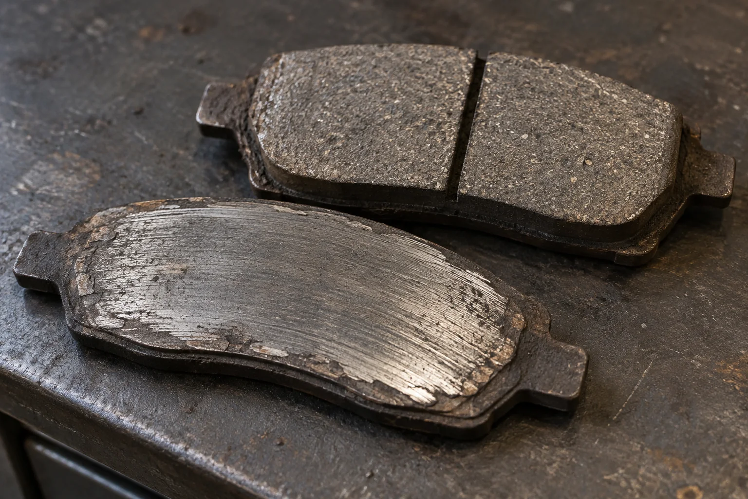 Two brake pads with very different amounts of remaining friction material