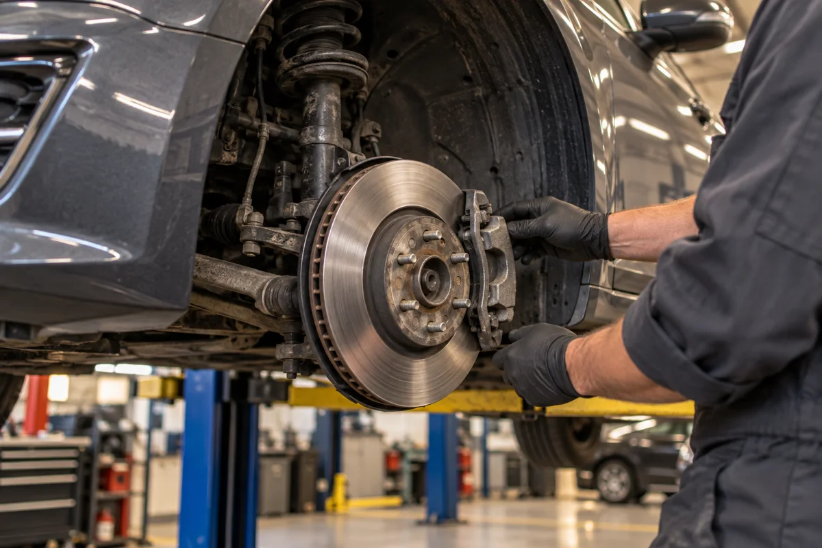 Illustration of a technician checking an exposed brake disc and caliper