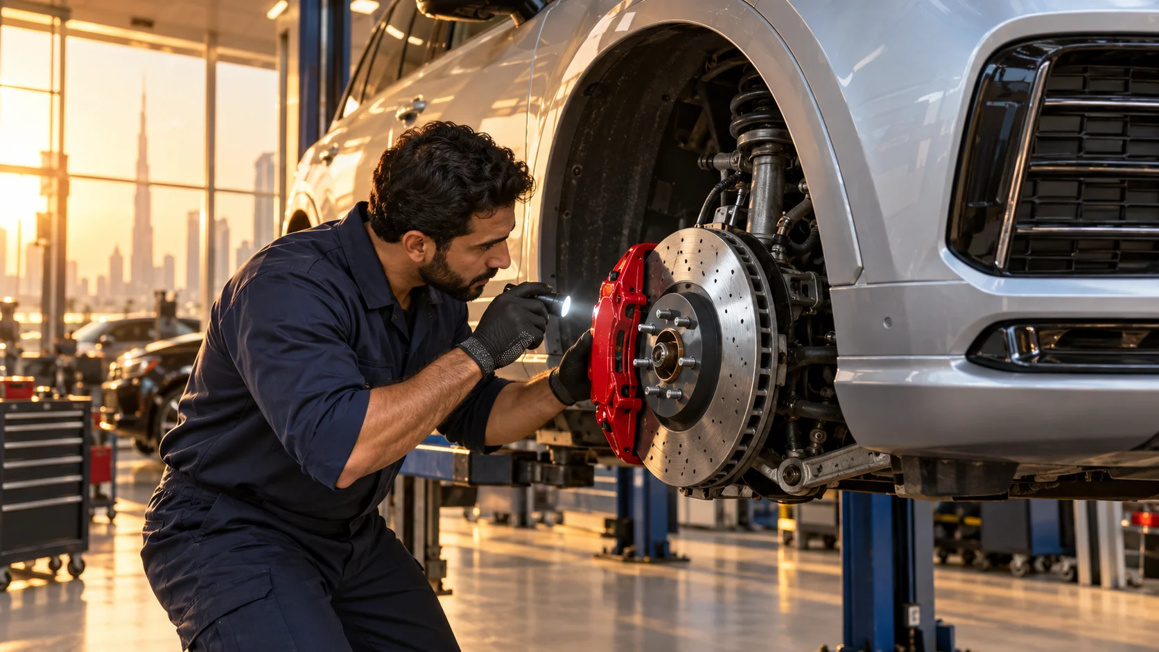 Technician working on brakes