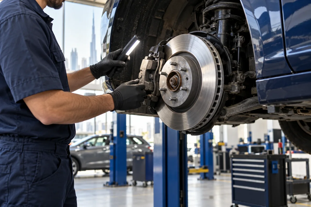 Brake pads and discs checked before the RTA vehicle test