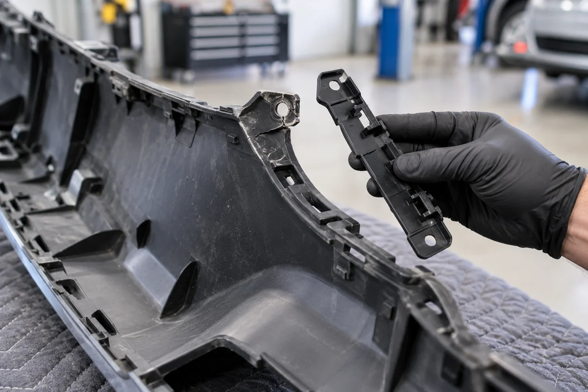 Gloved hand holding a bumper side retainer beside a damaged mounting tab
