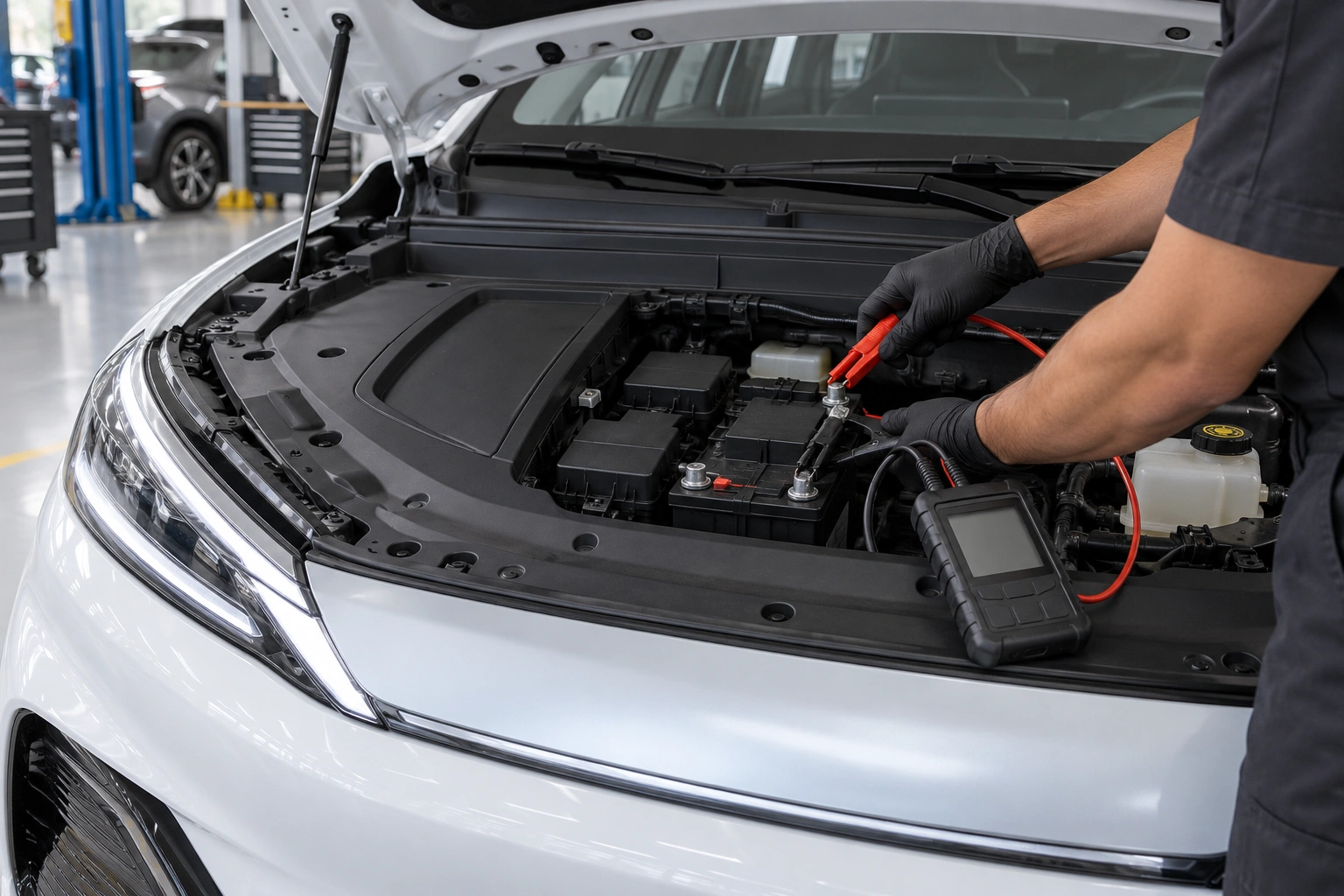 Technician testing the Atto 3 auxiliary 12V battery