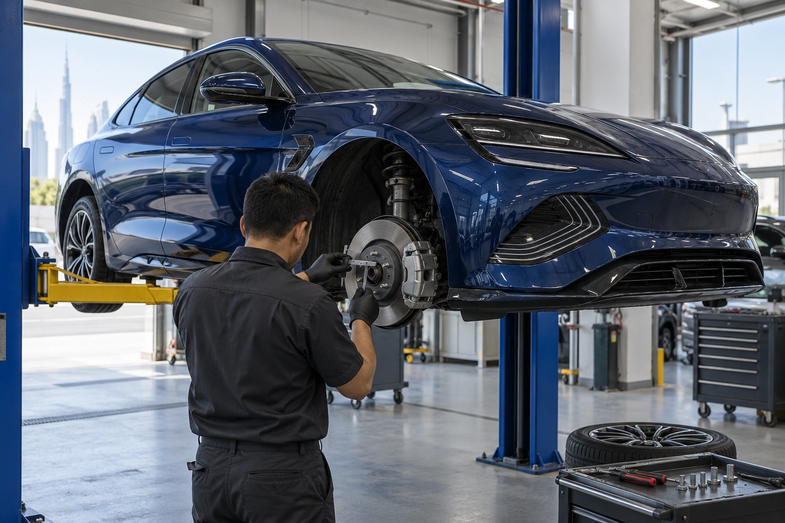Brake disc inspection on a Seal with the front wheel removed