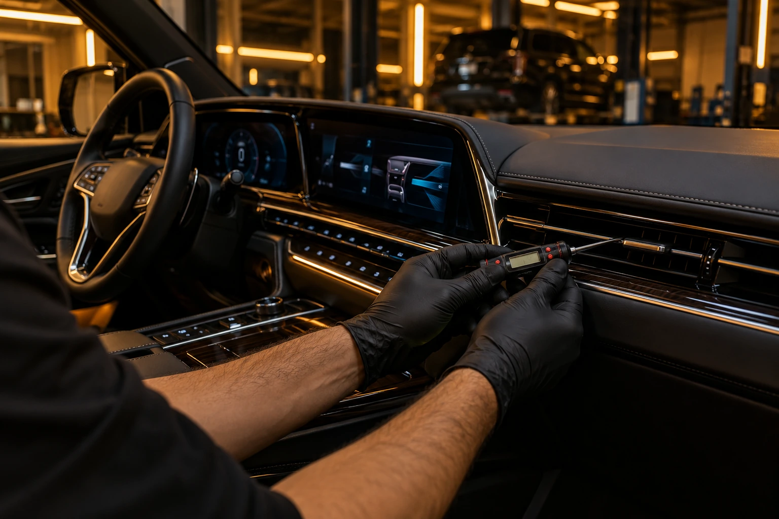 Cadillac dashboard AC vents with a thermometer in a vent