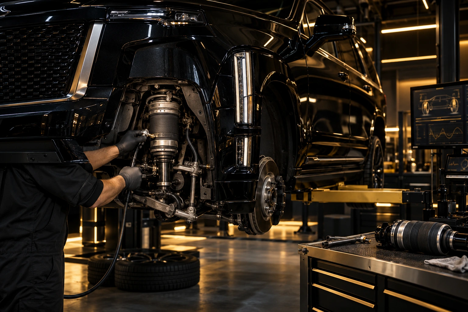 Suspension strut checked for leaks, Cadillac Escalade on a lift