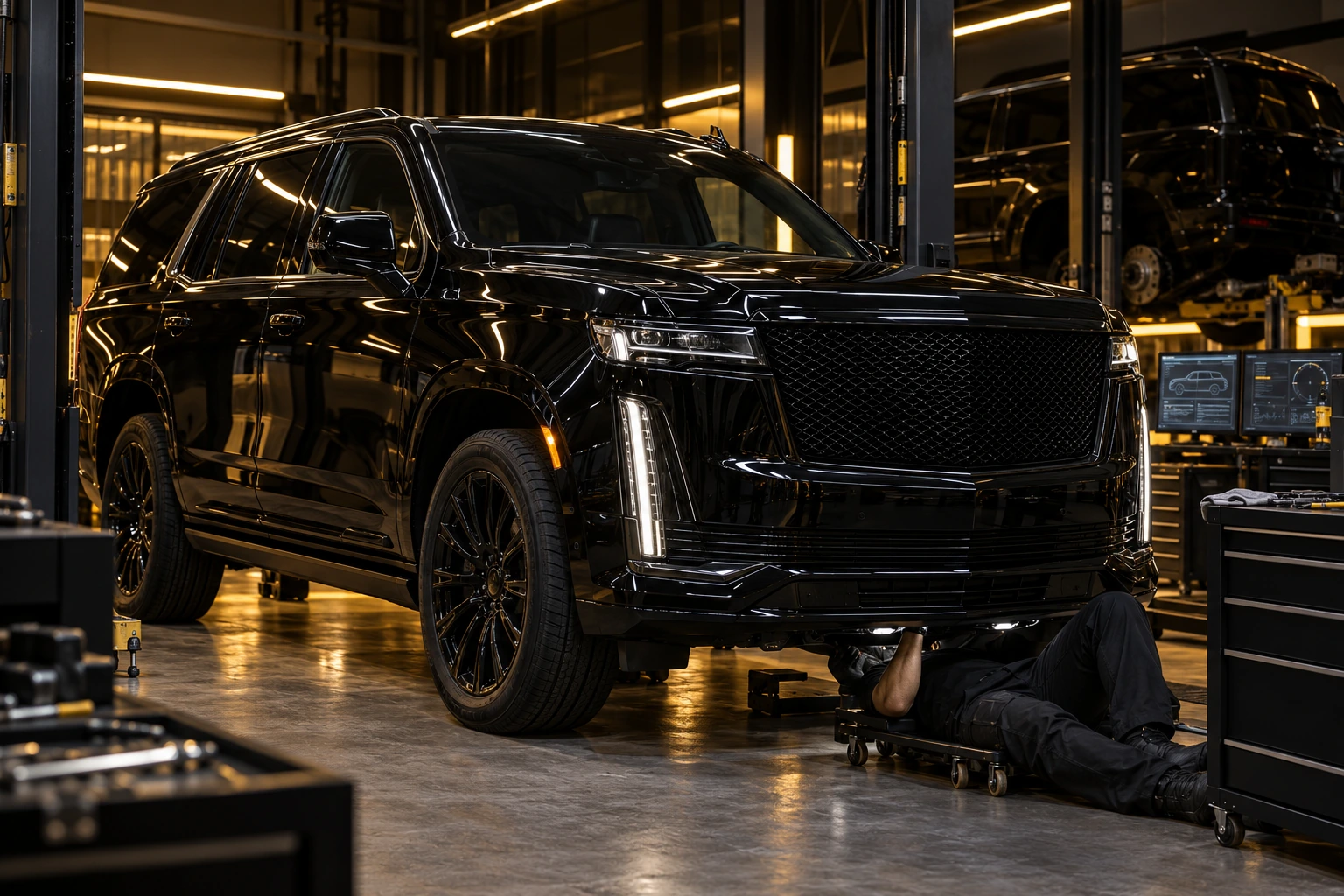 Black Cadillac Escalade in a workshop bay, front three-quarter view