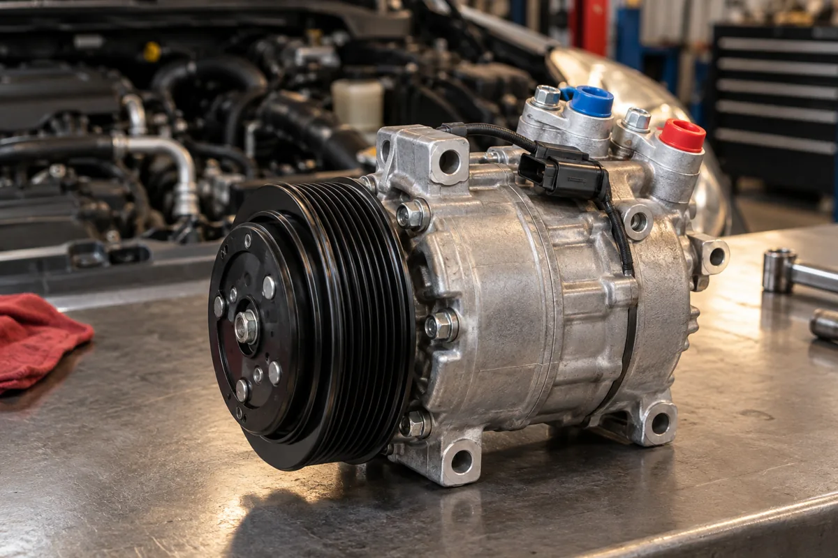 Belt-driven automotive AC compressor on a workbench