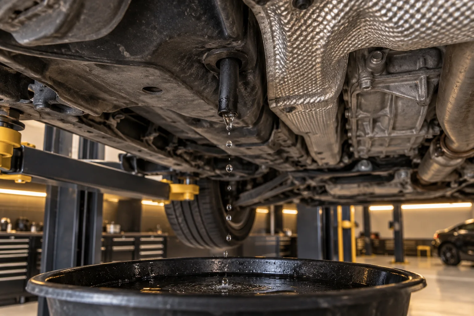 Water droplets leaving a black rubber AC drain outlet beneath a raised car