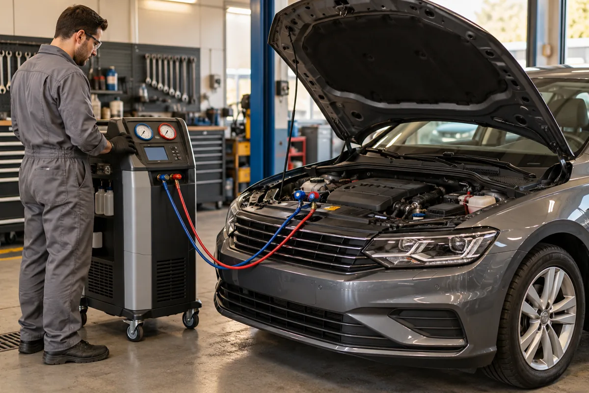 Car connected to an air conditioning recovery and recharge station