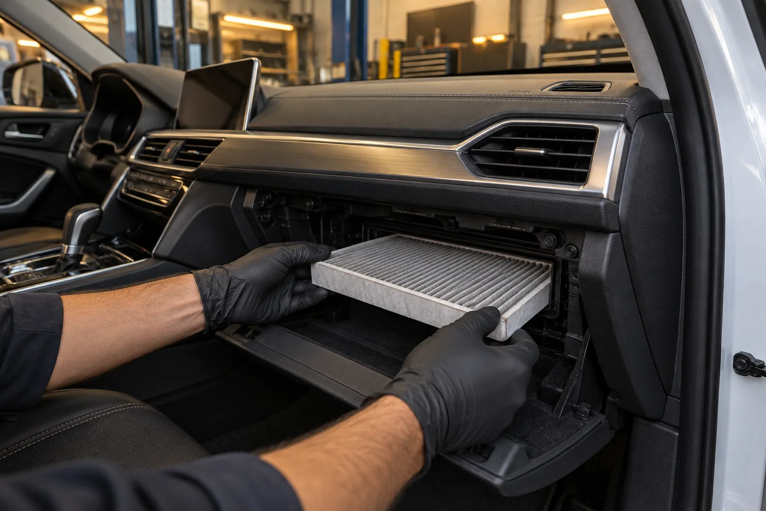 Gloved hands removing a pleated cabin air filter behind a lowered glovebox