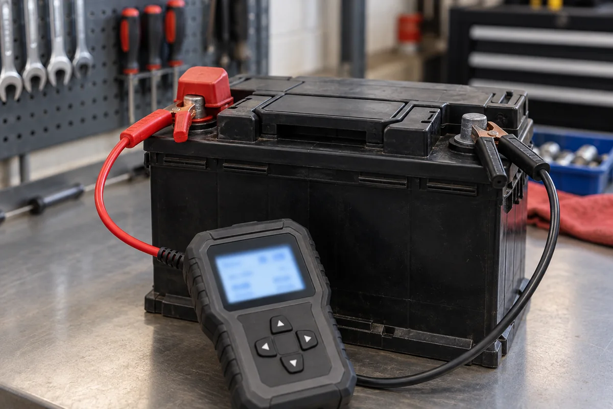 Battery tester connected to the positive and negative terminals of a starter battery