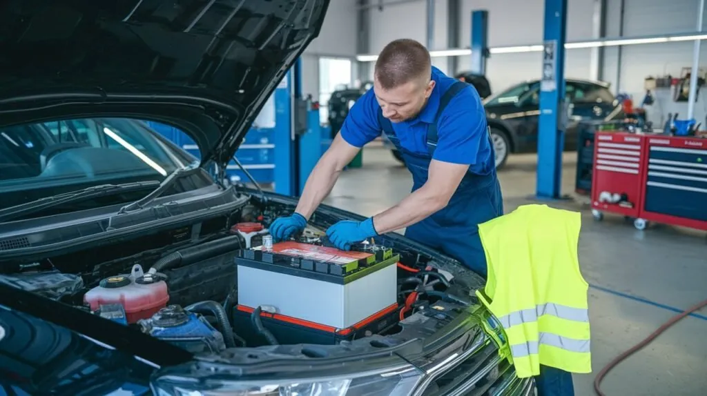 Technician positioning a new battery in an engine bay before clamping it down