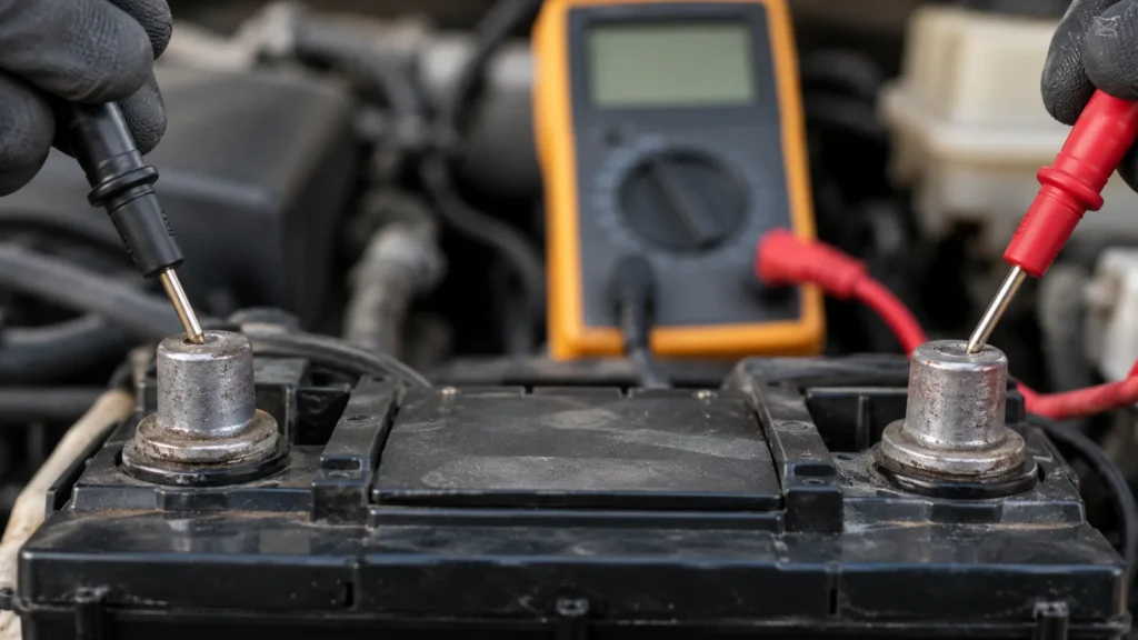 Meter probes at the terminals of a car battery