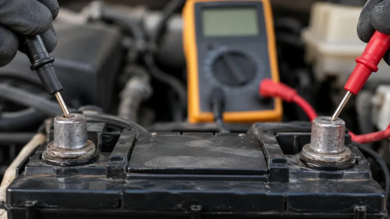 Multimeter probes testing a car battery's terminals