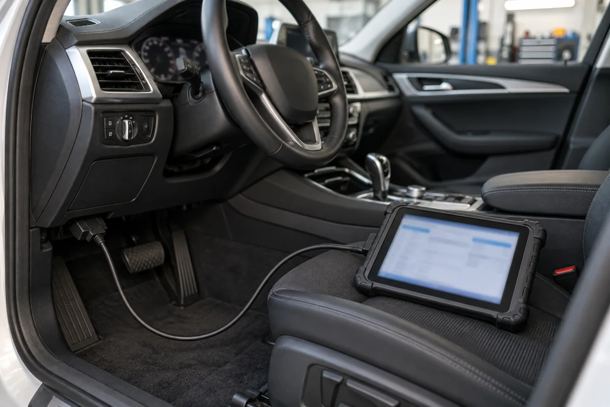Diagnostic tablet connected to a vehicle diagnostic socket