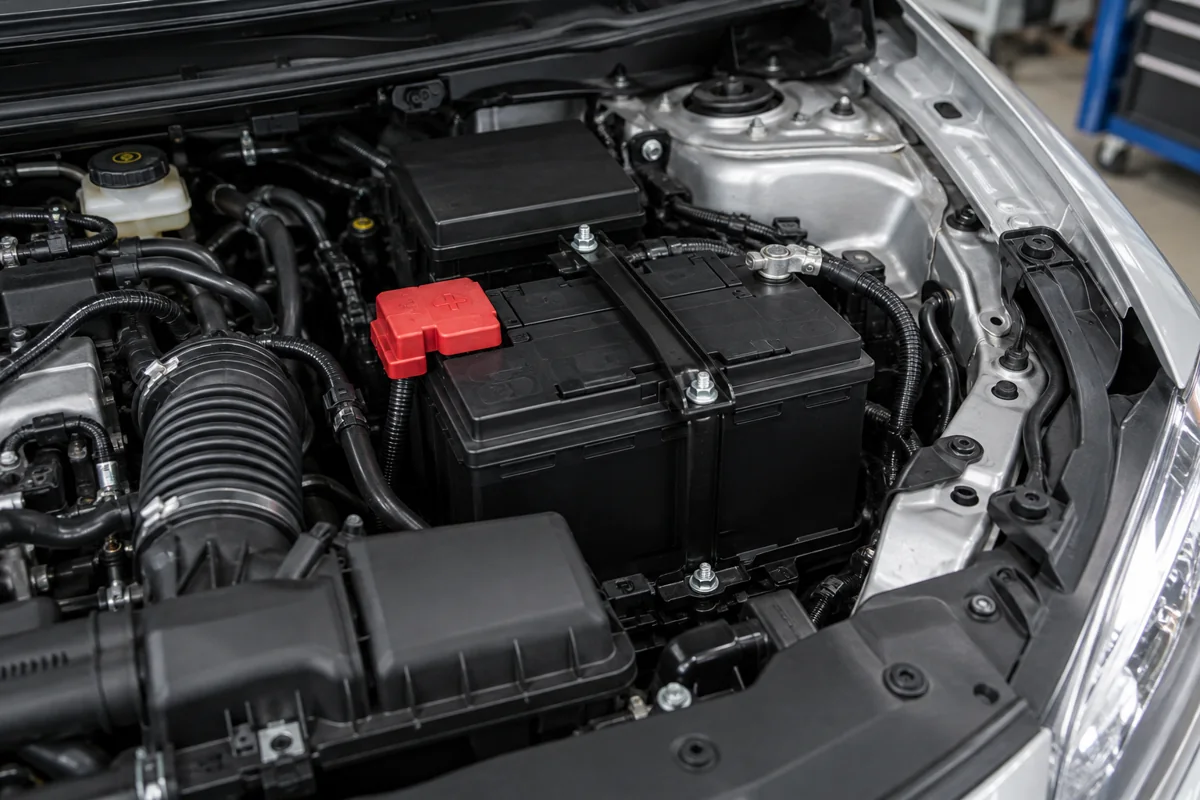 Securely fitted car starter battery with a covered positive terminal