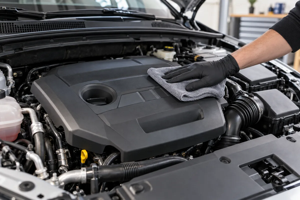 Gloved hand wiping a cool engine cover with a microfibre cloth