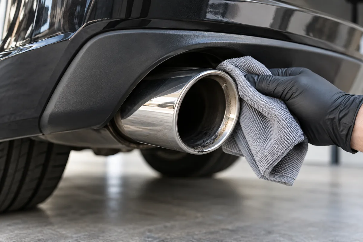 Gloved hand wiping the outside of a stainless steel exhaust tip