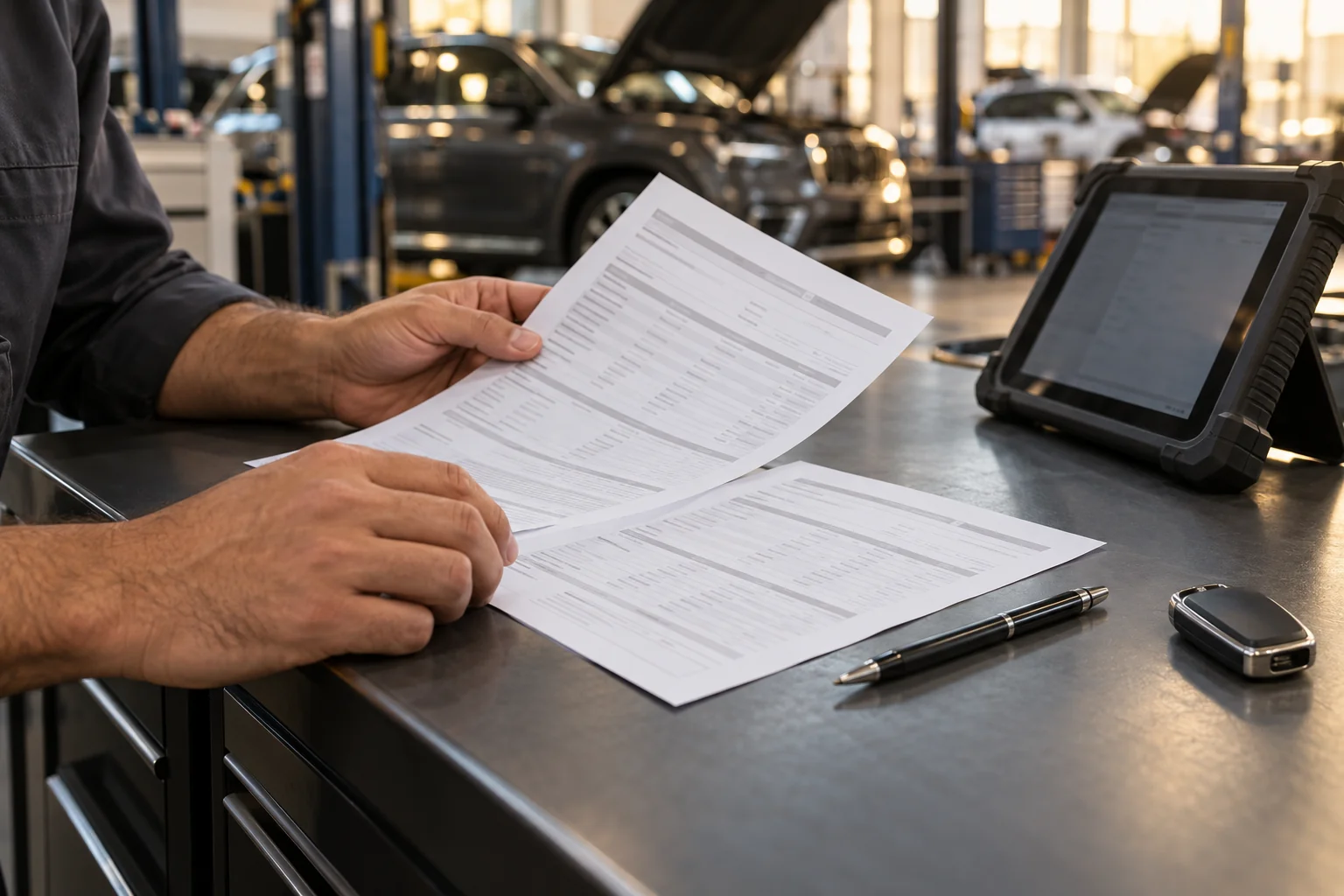 Technician reviewing a diagnostic report with a customer