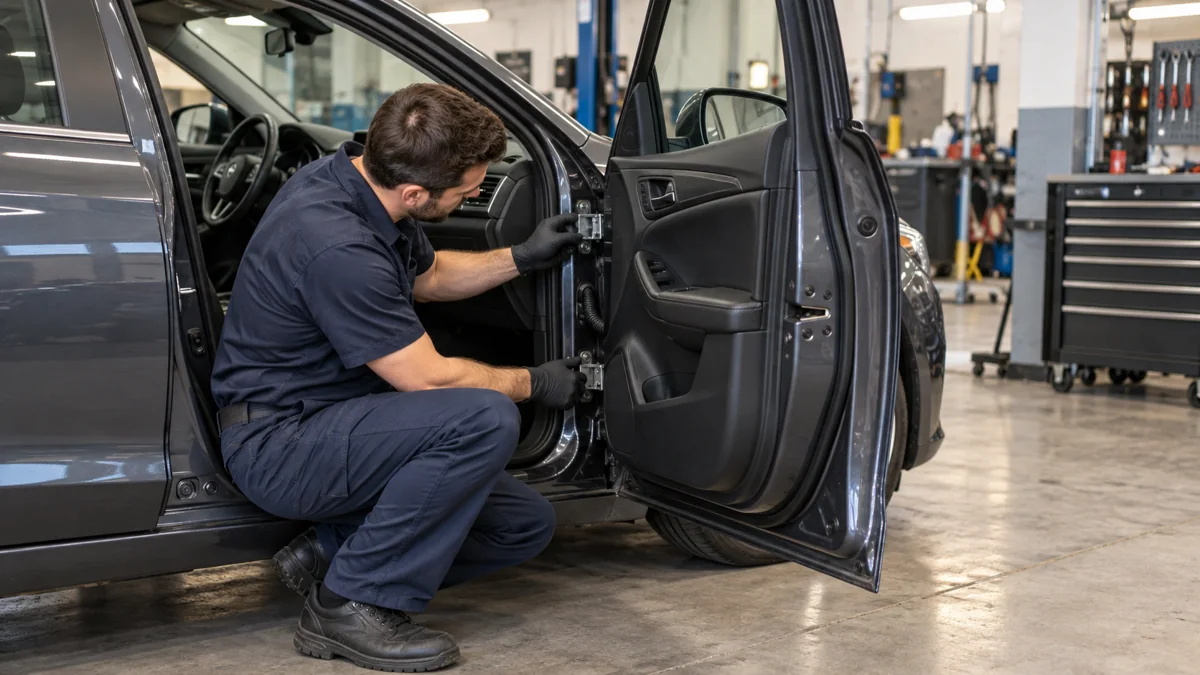 Mechanic inspecting the hinges of an open car door