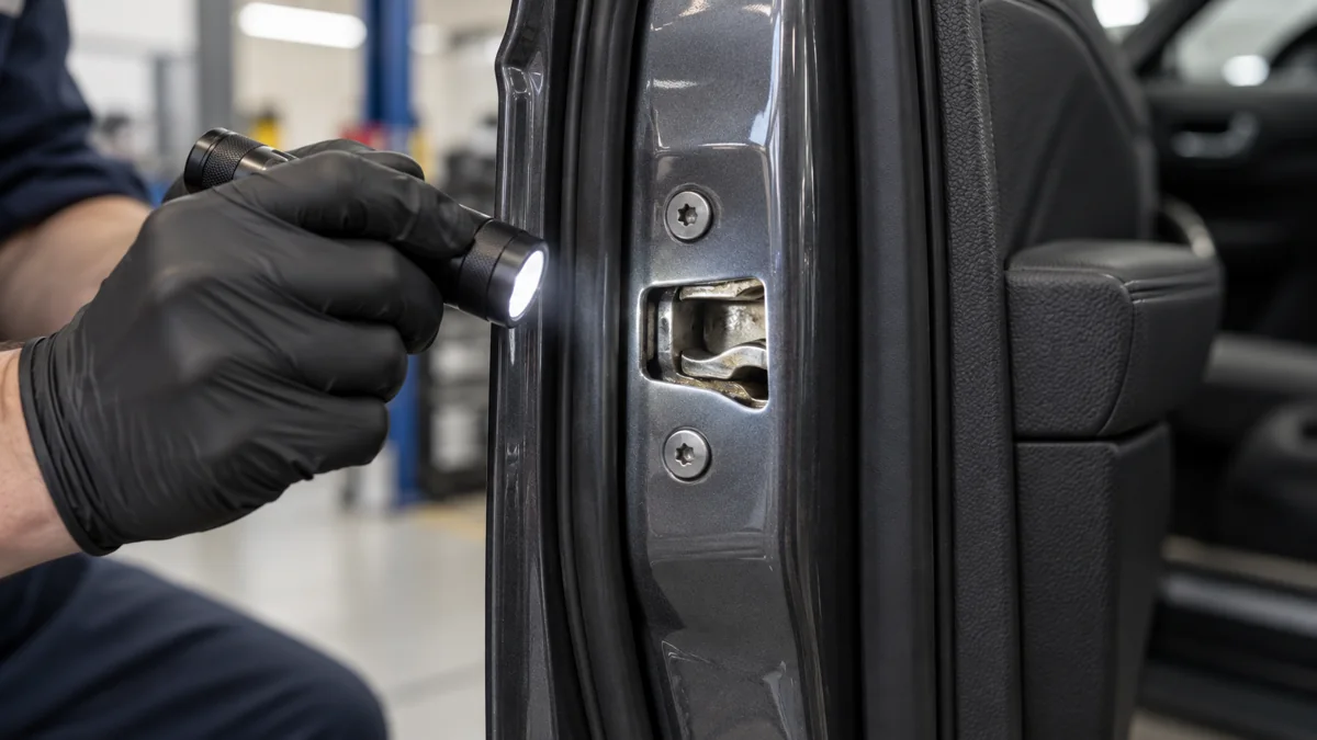 Car door latch being examined with an inspection torch