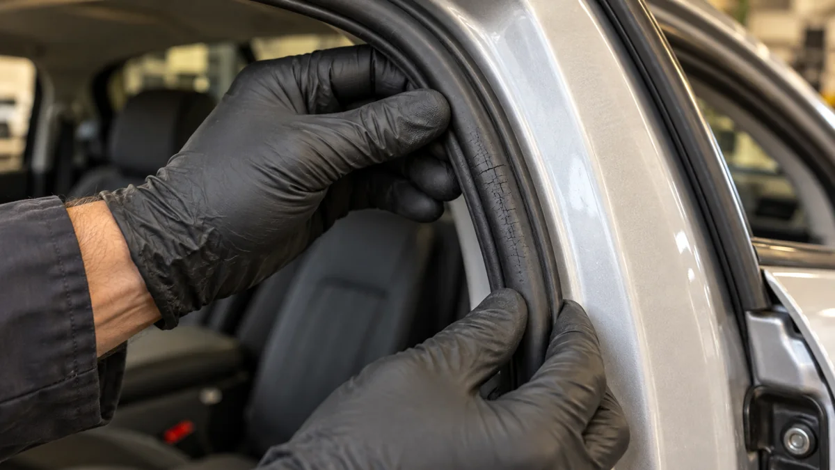 Gloved hands inspecting a car door weatherseal