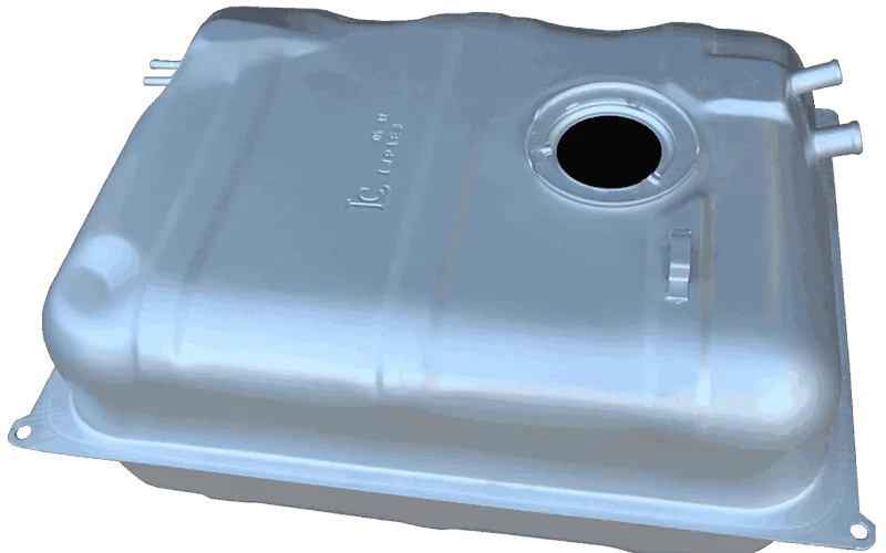 Metal fuel tank shell with a large component opening and hose connections