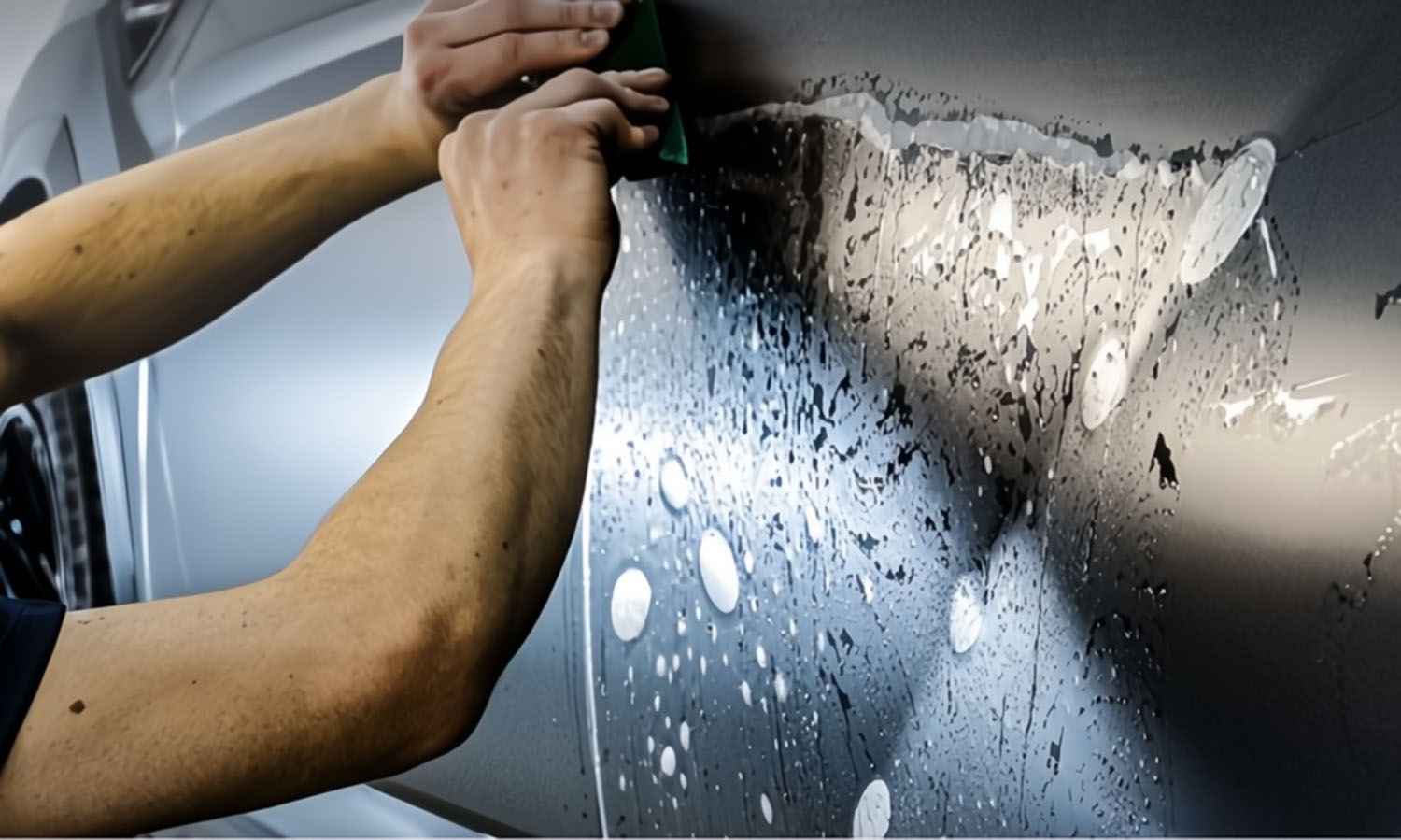 Installer smoothing wet paint protection film onto a vehicle panel