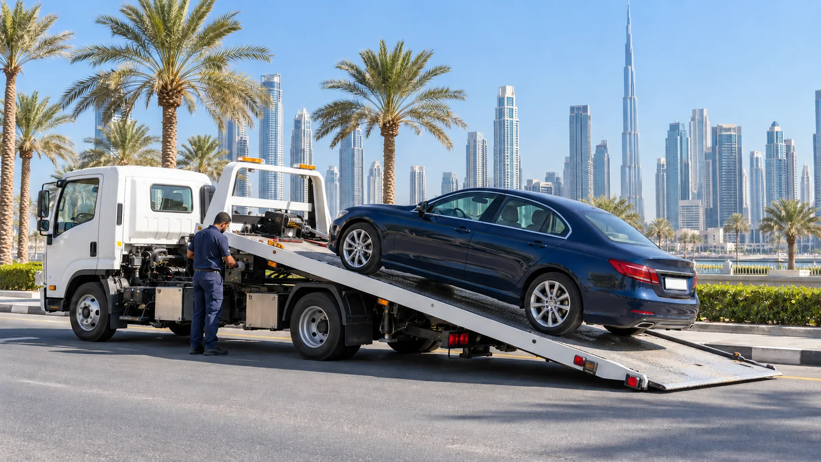 Flatbed recovery truck loading a broken down car on a Dubai street