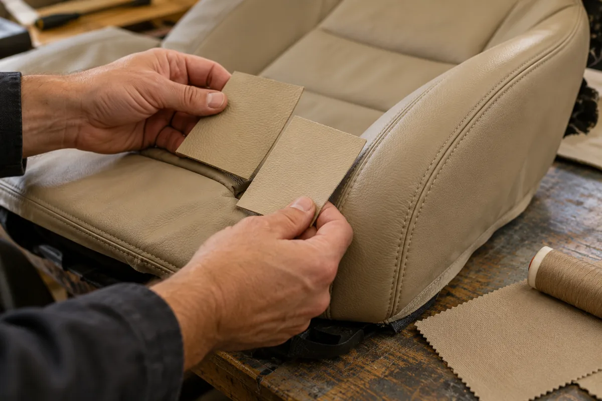 Beige leather samples compared against a car seat cushion