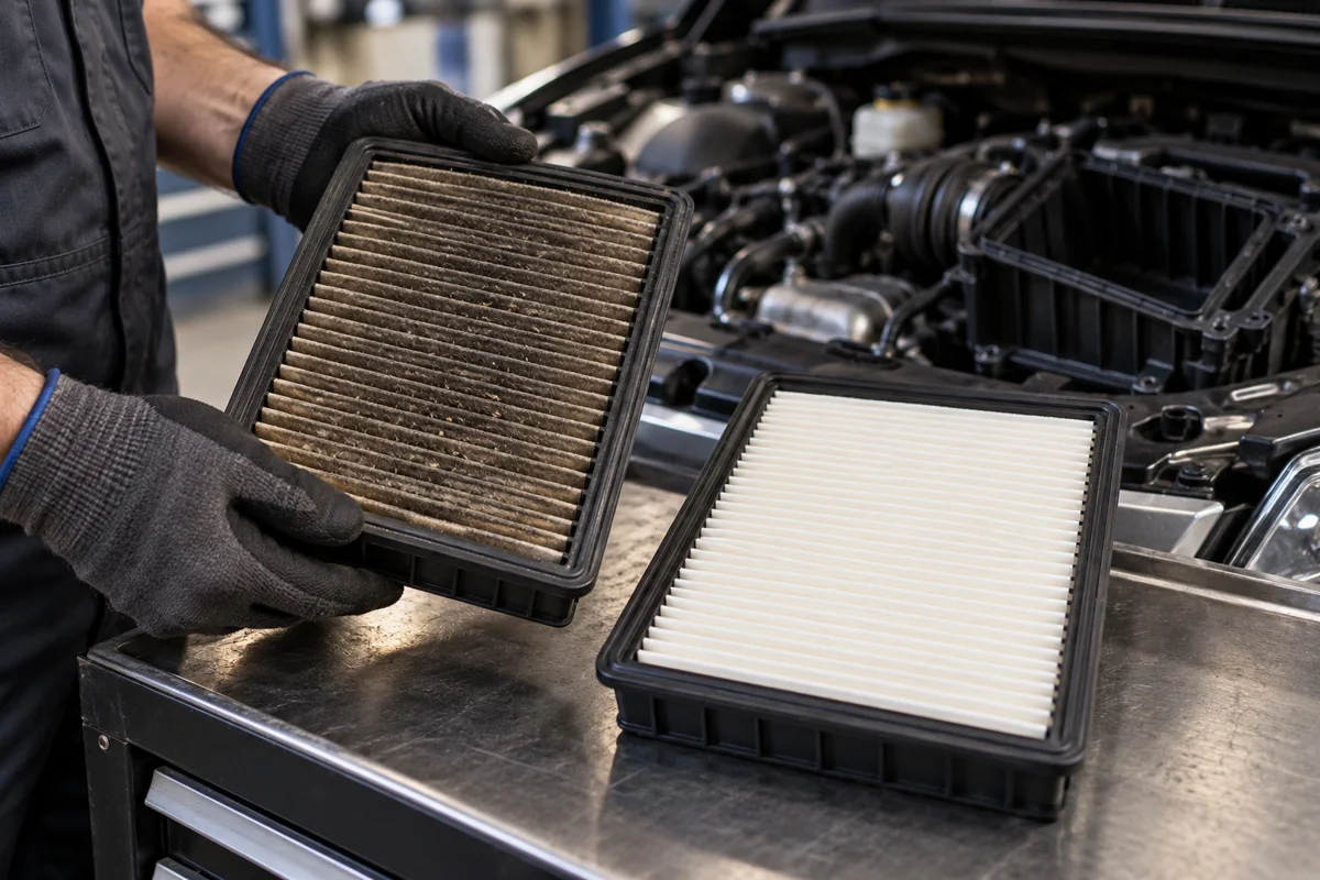 Used and clean engine air filters during a service inspection