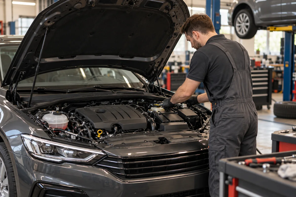 Technician checking a sedan engine during routine servicing