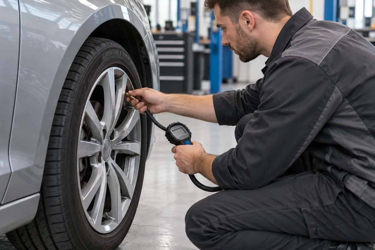 Technician checking tyre pressure with a gauge