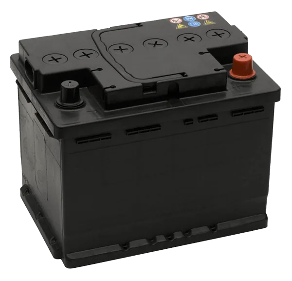 Black car starter battery with positive and negative terminals