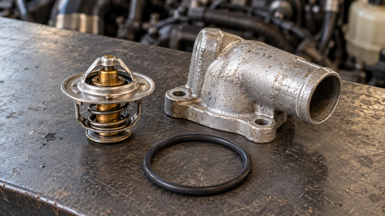 Thermostat housing and seal on a workbench