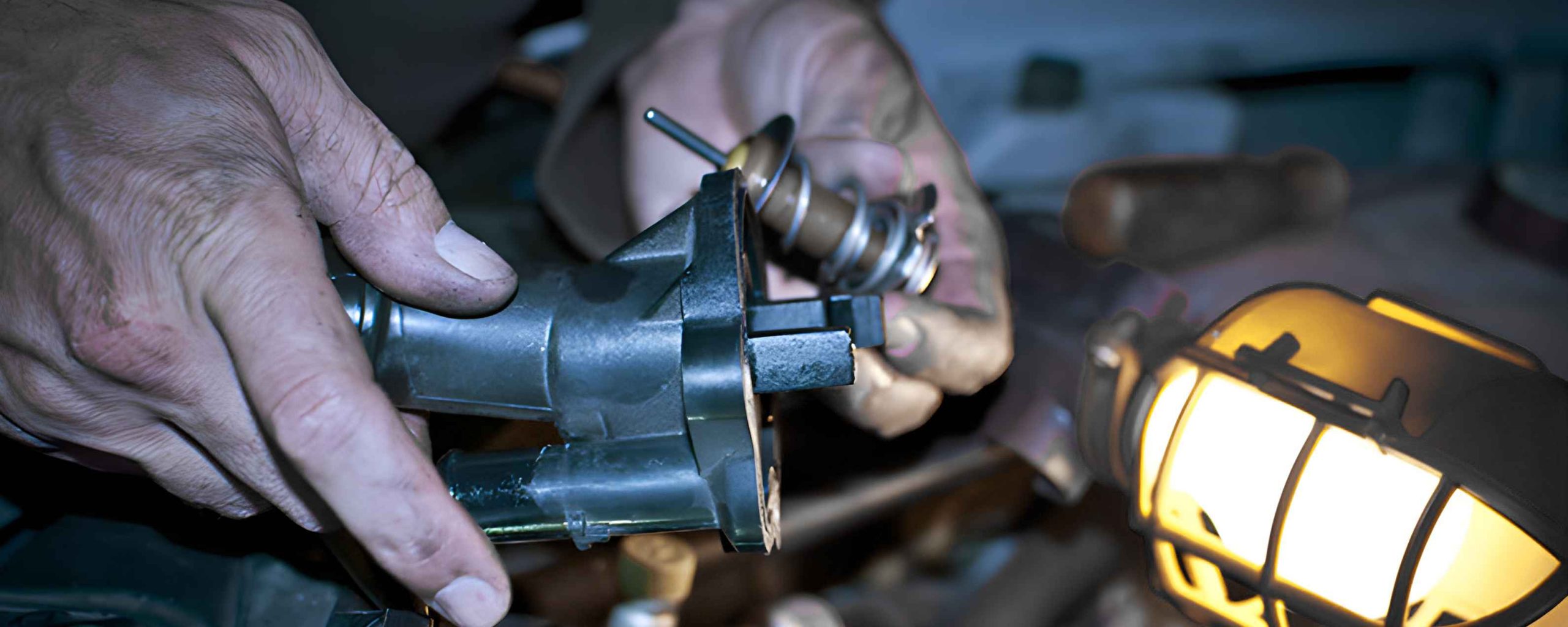 Thermostat housing being inspected beside the engine