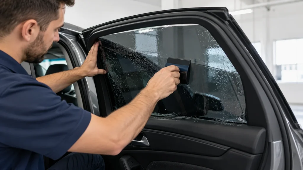 Installer smoothing tint film onto a car side window with a squeegee in a clean tint studio