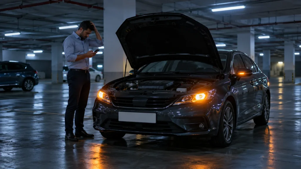 Driver beside a car with the bonnet open and hazard lights on in an underground car park in Dubai