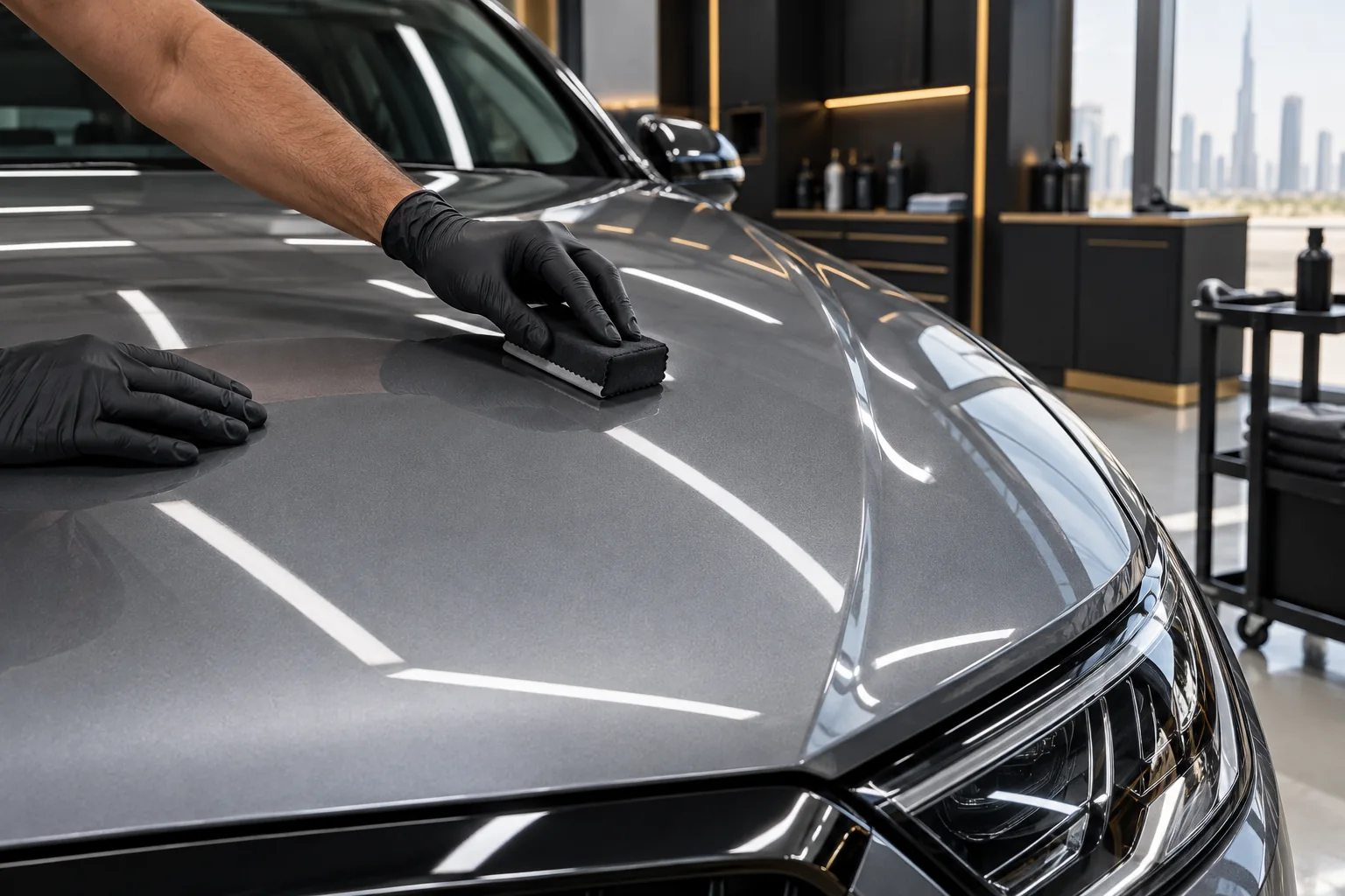 Gloved hands applying ceramic coating to a silver car bonnet