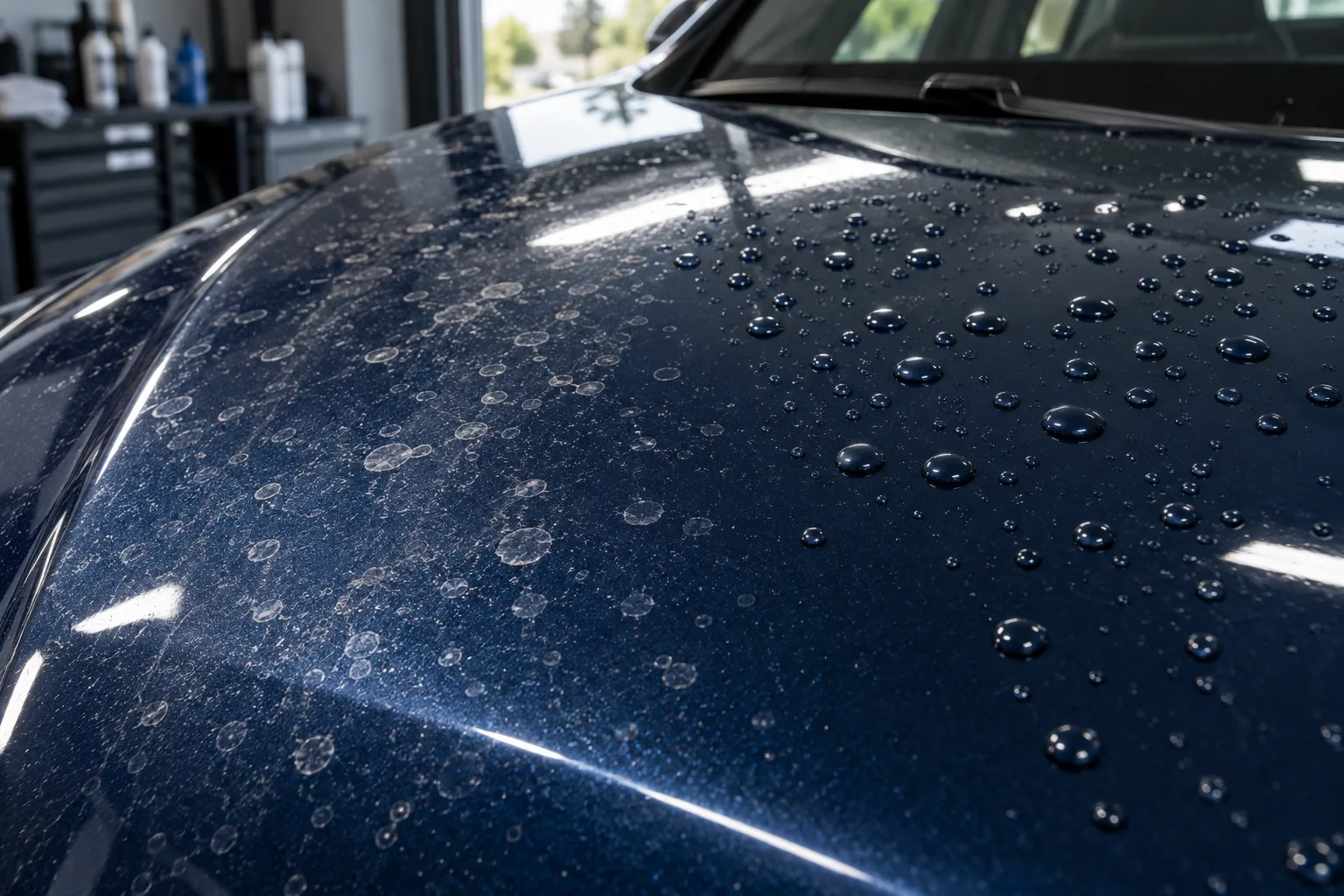 Pale mineral rings and water beads on dark blue car paint