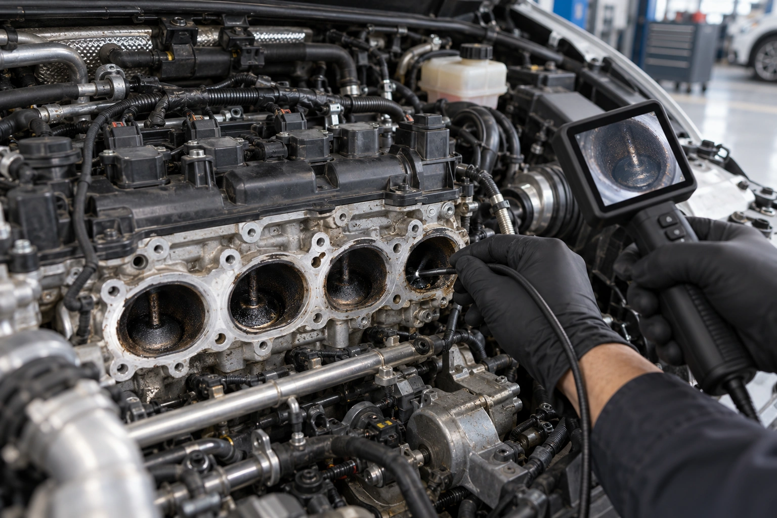 Inspection camera checking carbon deposits in a turbo engine intake