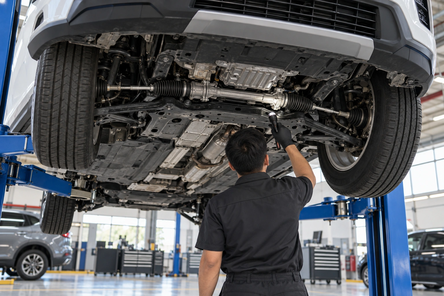 Technician checking a CS35 Plus steering rack from underneath