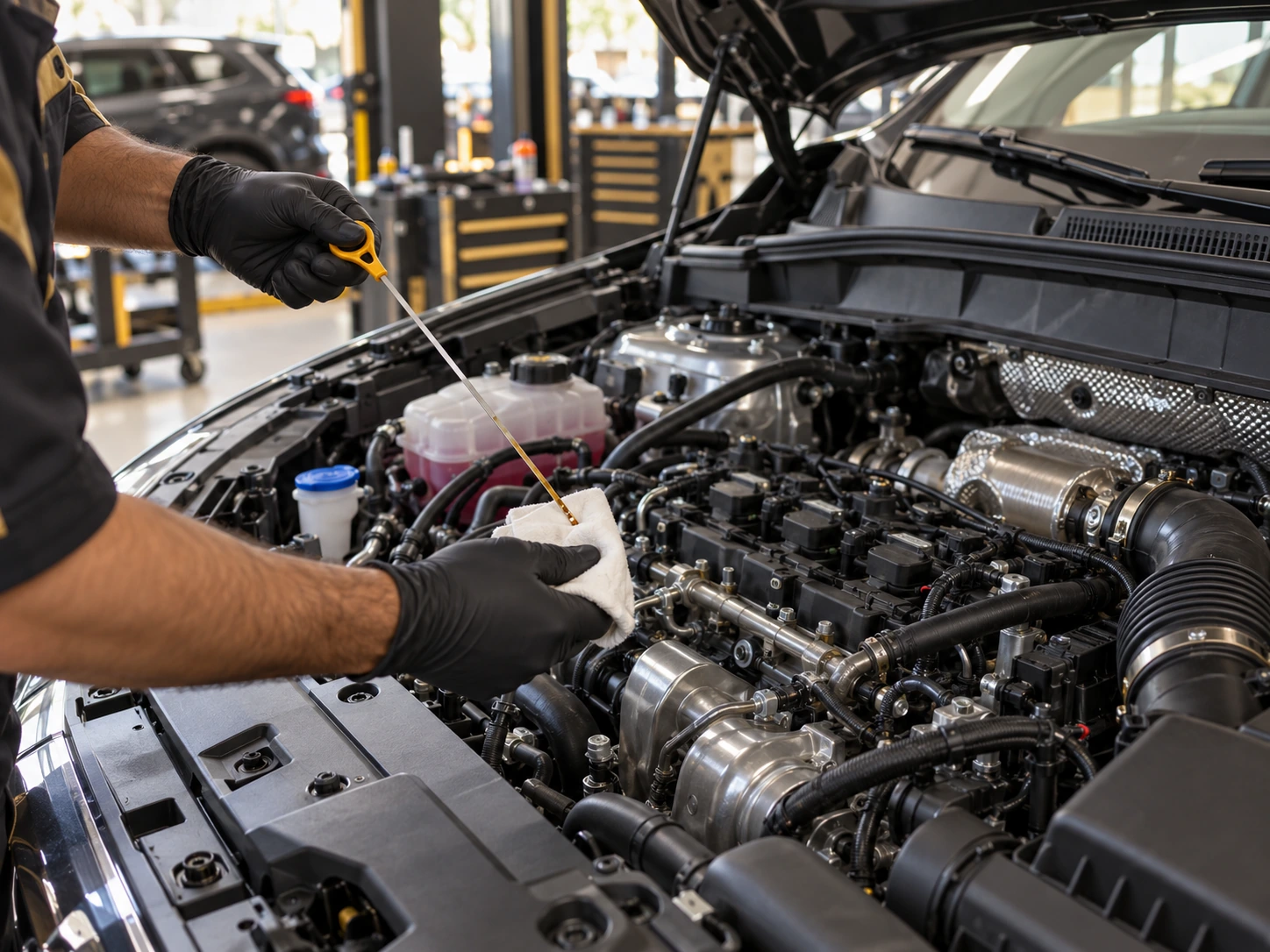 Gloved technician checks the oil dipstick in an open compact turbo SUV engine bay