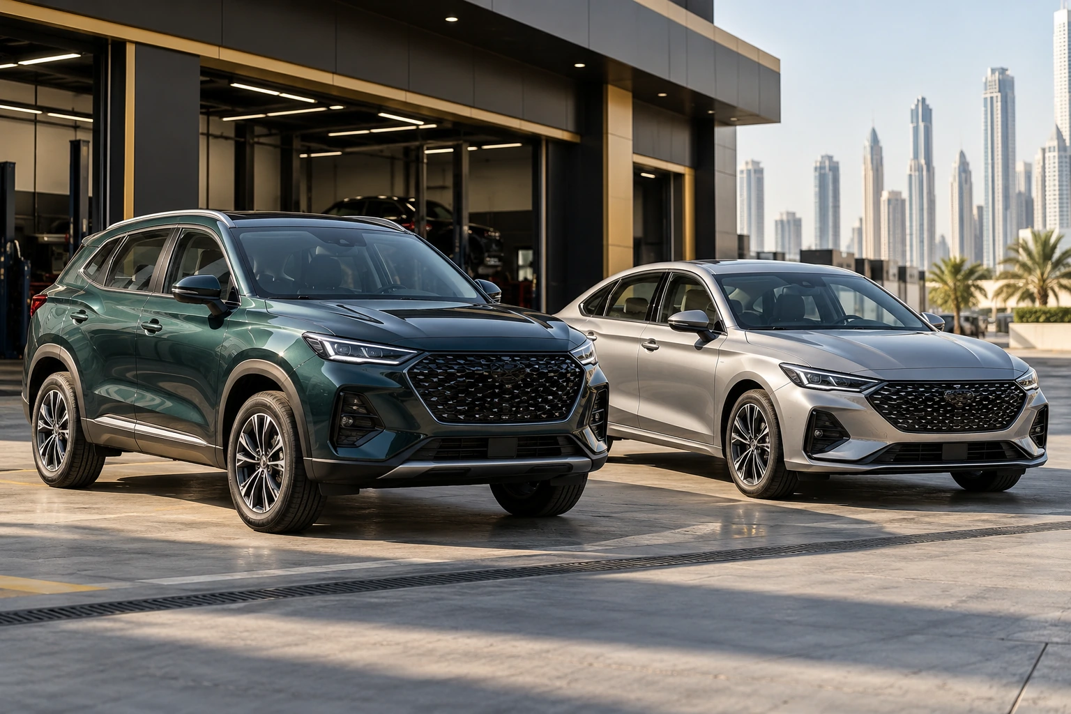 Compact SUV and sedan outside the Mechanics workshop in Dubai