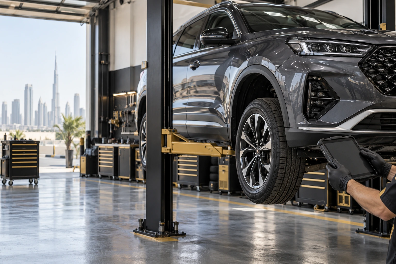 Modern midsize SUV on a lift with a technician using a diagnostic tablet in the Mechanics workshop