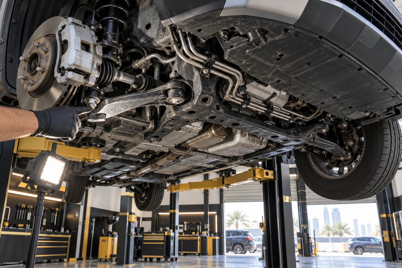 Technician inspects the suspension underneath a compact SUV on a lift