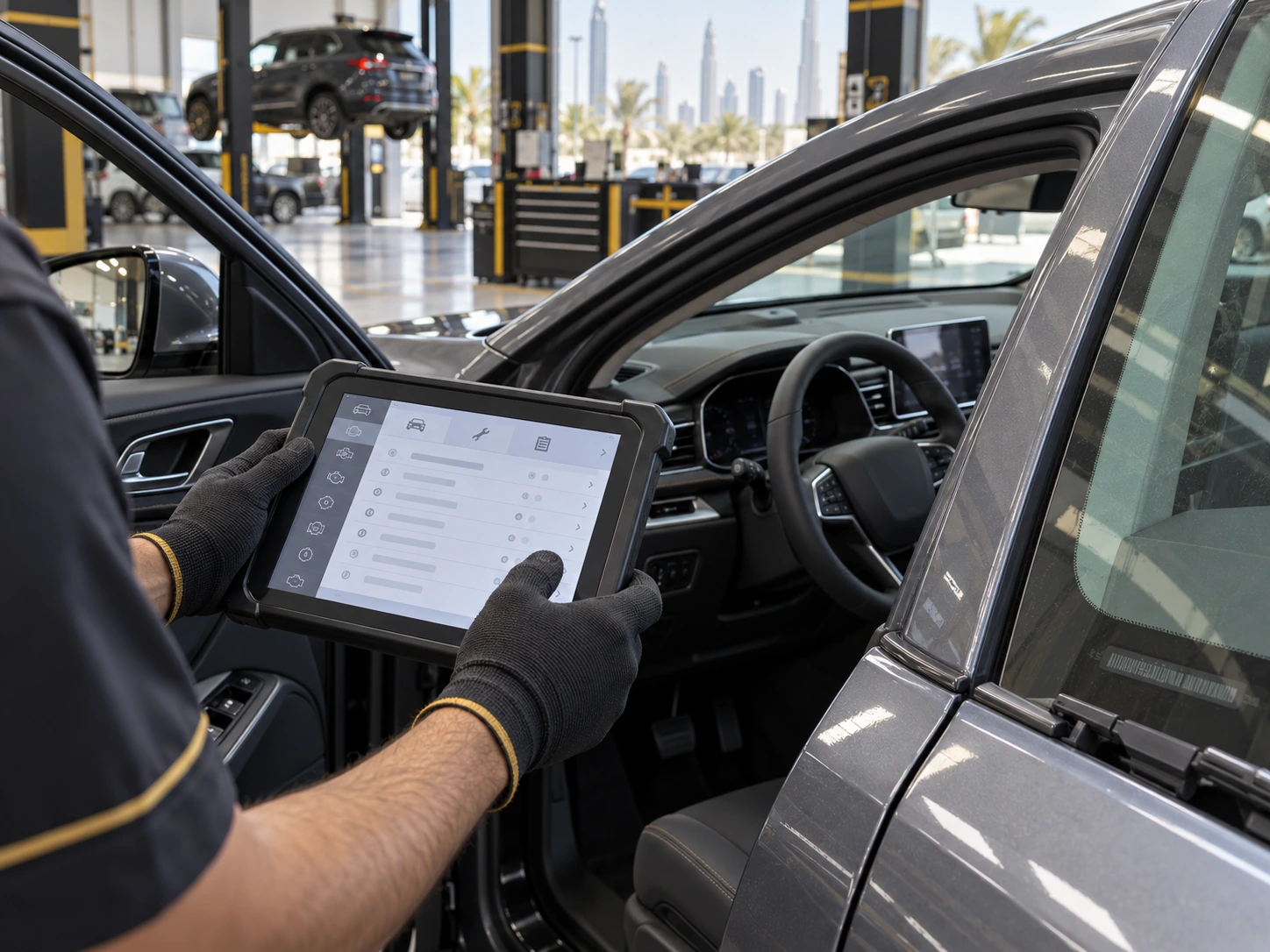 Technician checks service history on a tablet beside an open SUV door