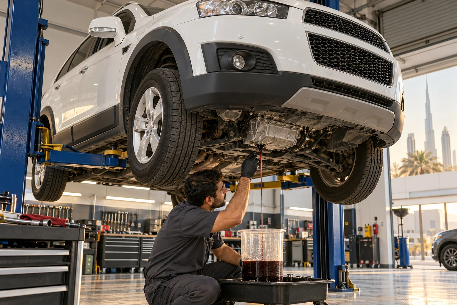 Technician draining CVT gearbox fluid from a white Chevrolet Captiva on a lift