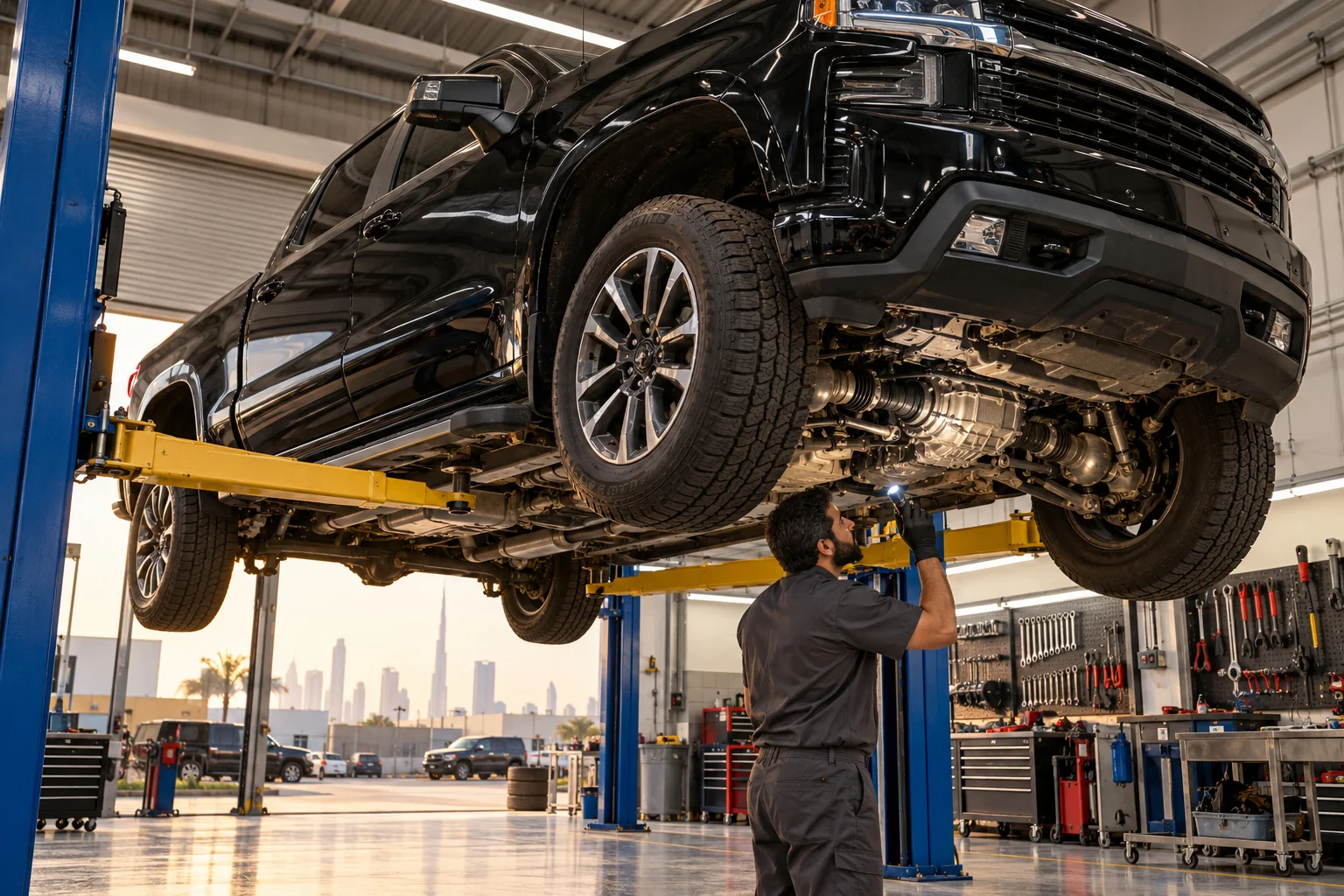 Technician inspecting the front axle of a Chevrolet pickup on a lift