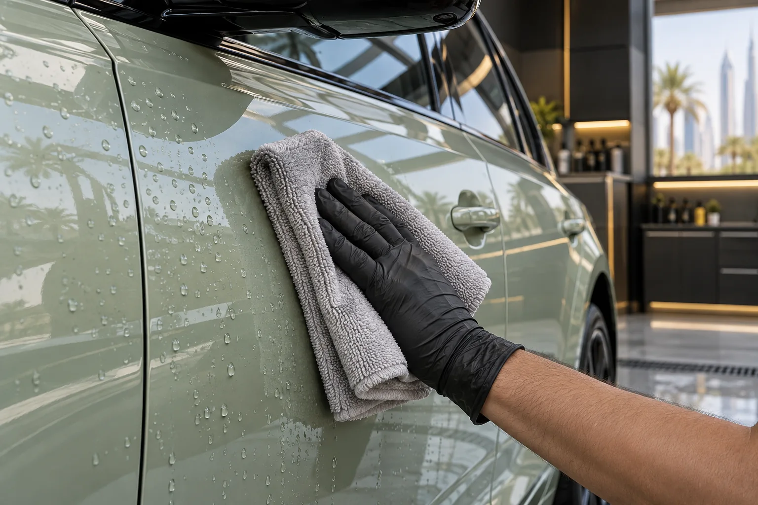 Gloved hand drying a rinsed car door with a clean folded microfiber towel